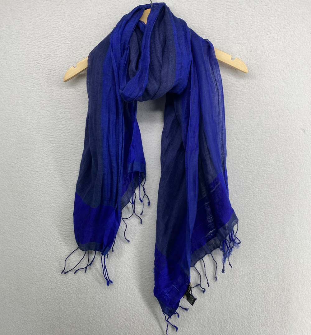 PAUL SMITH Scarf Womens Linen Silk Wrap Rectangle Tasseled Blue 21" x 74"